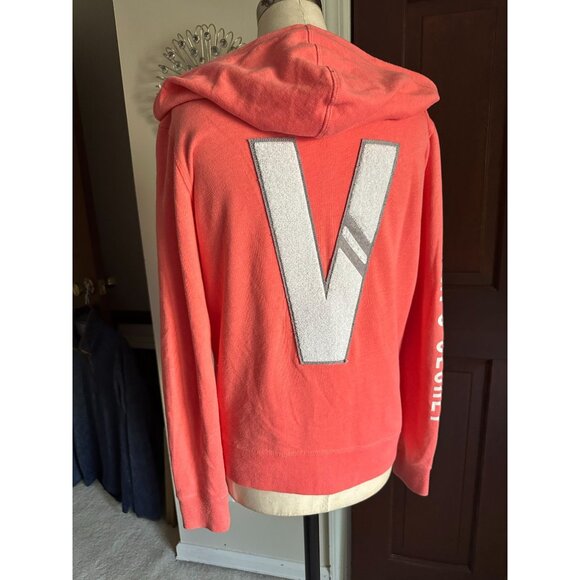 VICTORIA'S SECRET SUPERMODEL ESSENTIALS CORAL ORANGE WHITE TERRY V HOODIE XS - Picture 1 of 6